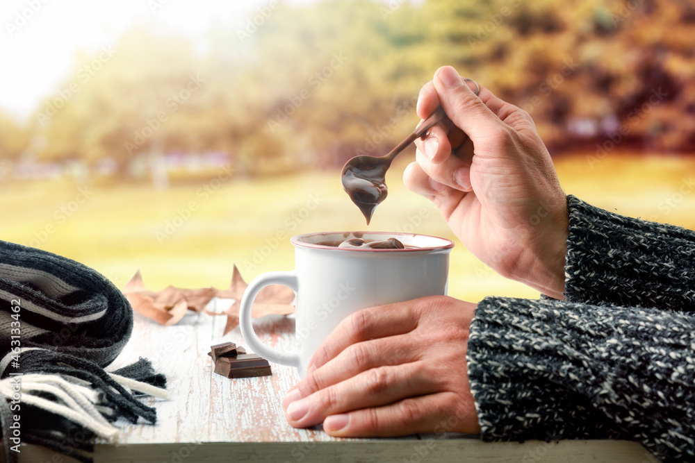 Cold hands stirring hot chocolate with autumn landscape background Cold hands stirring hot chocolate with autumn landscape background