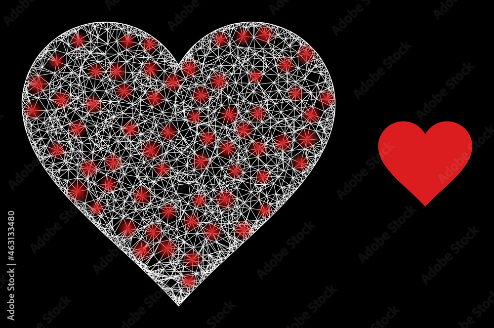 Bright mesh vector heart with glow effect. White mesh, light spots on a black background with heart icon. Mesh and glare elements are placed on different layers.