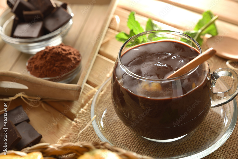 Country liquid chocolate in a glass cup close up Country liquid chocolate in a glass cup close up