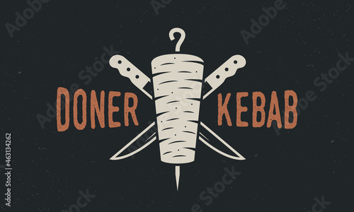 Doner Kebab, Shawarma logo. Doner Kebab with kebab knives isolated on white background. Kebab, meat store, restaurant, kebab cafe. Shashlik Logo template. Vector illustration