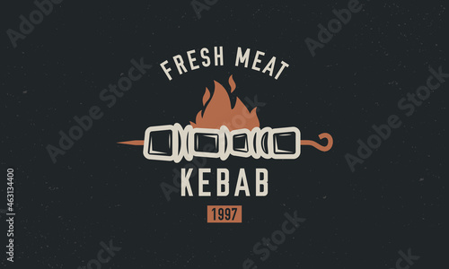 Kebab, Shawarma logo design template. Shawarma poster for restaurant, cooking and food business, cafe. Skewer with fire flame isolated on white background. Vector illustration.