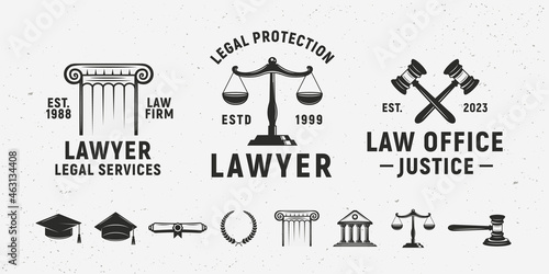 Set of 3 Lawyer services, Law Office vintage logo and 8 design elements. The Judge, Lawyer logo templates. Justice scales, gavel, court, ancient column icons. Vector illustration