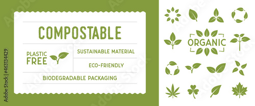 Recycle eco tag template. 14 leaves icons for eco, biodegradable, compostable, recycle design. Vector illustration