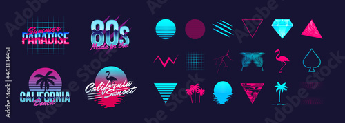 4 Retro neon logo templates and 18 trendy elements to create your own design. Design elements for t-shirt, banner, poster, cover, badge, logo and label. Vector illustration