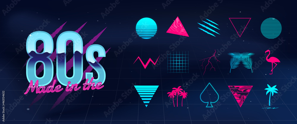 Set of 15 Retro Futuristic elements. Trendy 80s elements to create your own design. Retrowave templates for logo, labels, covers, posters, t-shirt design. Retro Neon style. Vector illustration - obrazy, fototapety, plakaty 