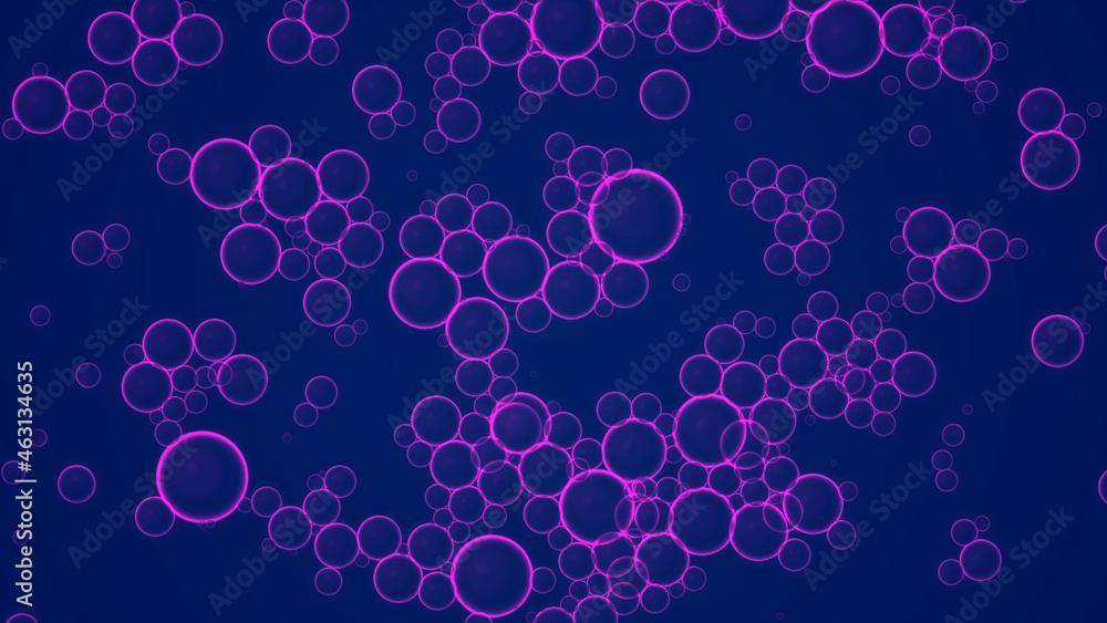 Oil pink drops in water. Abstract purple background. Macro shot of various air bubbles in water rising up on light dark background. Suspended spheres of air in oil rest on surface of water