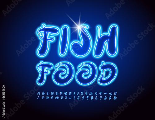 Vector Neon Sign Fish Food. Handwritten Blue Font. Glowing Alphabet Letters and Numbers set