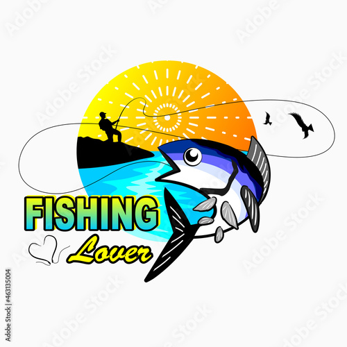 fishing logo. albacore tuna, fishing people and scenery in circle. Fishing theme vector illustration. vector creative design template for t-shirt, poster, web, sticker or wallpaper design
