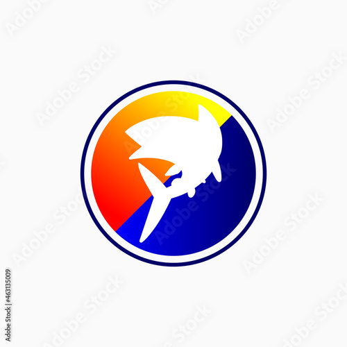 fishing logo. albacore tuna silhouette in a circle of sea and sky. Fishing theme vector illustration. vector creative design template for t-shirt, poster, web, sticker or wallpaper design