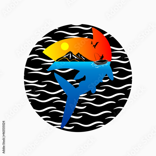 fishing logo. albacore tuna in circle, view of people fishing in fish silhouette. Fishing theme vector illustration. vector creative design template for t-shirt, poster,  sticker or wallpaper design