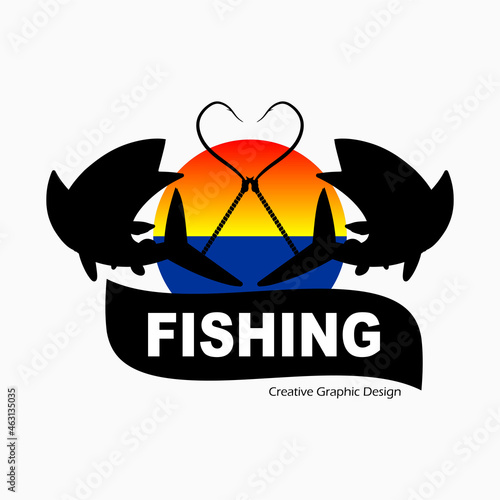 fishing logo. albacore tuna and hook in silhouette, sea and sky illustration. Fishing theme vector illustration. vector creative design template for t-shirt, poster, web, sticker or wallpaper design