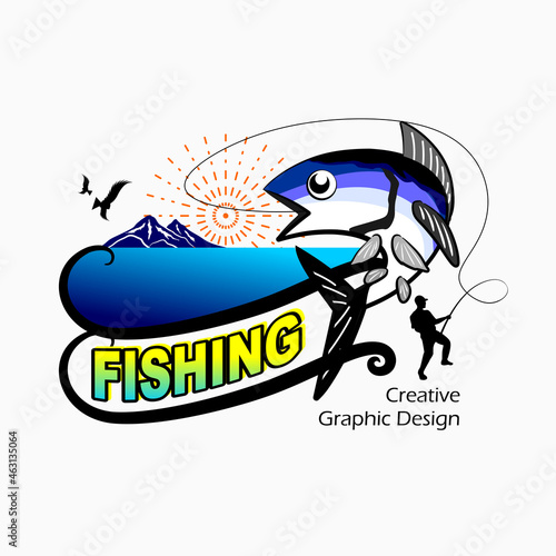 fishing logo. albacore tuna, ocean, mountains, sun and fishing. Fishing theme vector illustration. vector creative design template for t-shirt, poster, web, sticker or wallpaper design