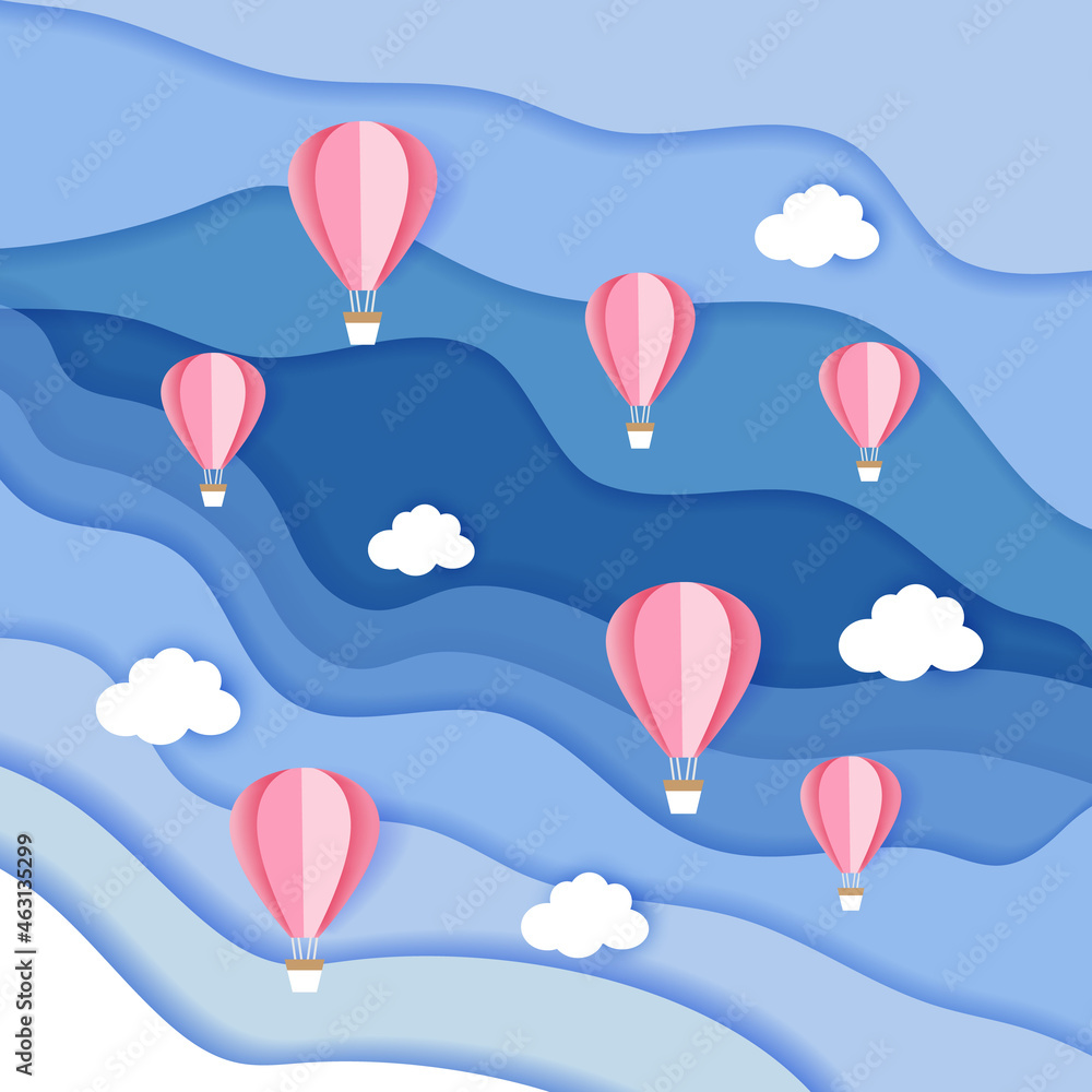 Vector travel origami paper cut background.Flying colorful balloons.