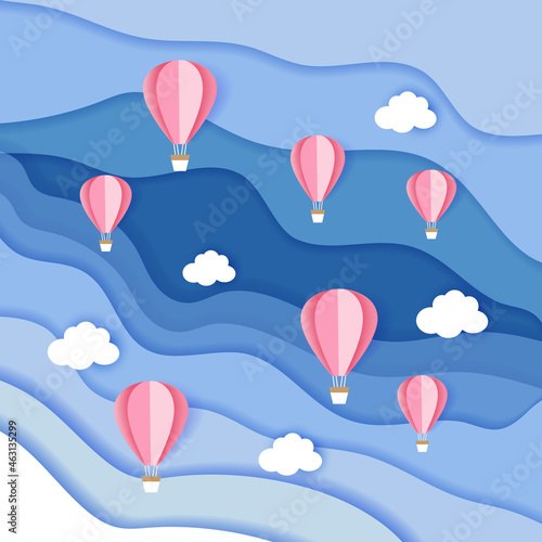 Vector travel origami paper cut background.Flying colorful balloons.