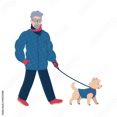 Happy pet owner walking a dog on a leash in winter time. Isolated vector illustration.