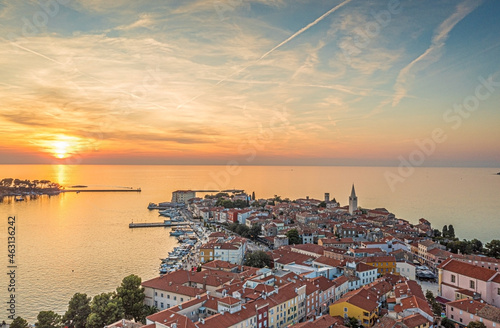 Fototapeta Naklejka Na Ścianę i Meble -  Drone panorama of Croatian coastal town Porec with harbor and promenade during sunrise