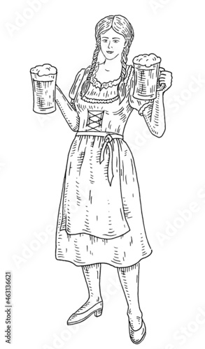 Woman wearing a traditional Bavarian dress holding two beer mug. Vintage engraving