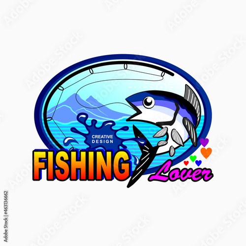 fishing logo. albacore tuna and view in oval. Fishing theme vector illustration. vector creative design template for t-shirt, poster, web, sticker or wallpaper design