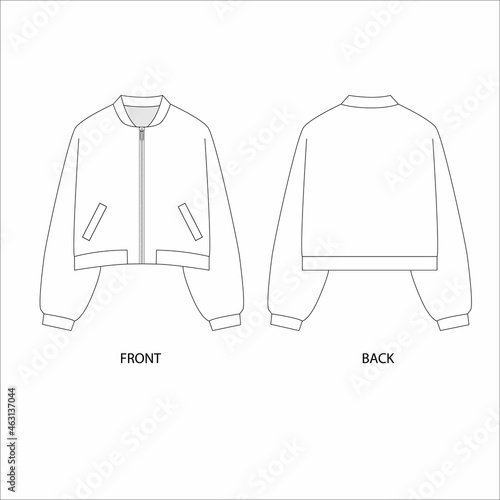 Cropped bomber jacket technical sketch. Bomber jacket vector drawing. Jacket template design.