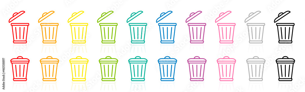 Trash can logo, waste bins, colorful garbage can symbols, rainbow colored waste container pictogram, with open and closed lid. Isolated vector illustration on white background.
Trash can logo, waste bins, colorful garbage can symbols, rainbow colored waste container pictogram, with open and closed lid. Isolated vector illustration on white background.