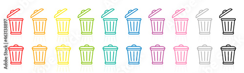 Trash can logo, waste bins, colorful garbage can symbols, rainbow colored waste container pictogram, with open and closed lid. Isolated vector illustration on white background.
