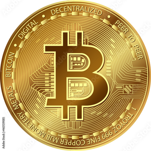 Gold Bitcoin. Electronics finance money symbol. Golden crypto currency coin. Isolated vector illustration on white background
