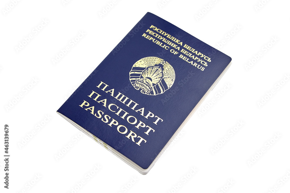 Passport of Republic of Belarus with blue cover isolated on white Passport of Republic of Belarus with blue cover isolated on white