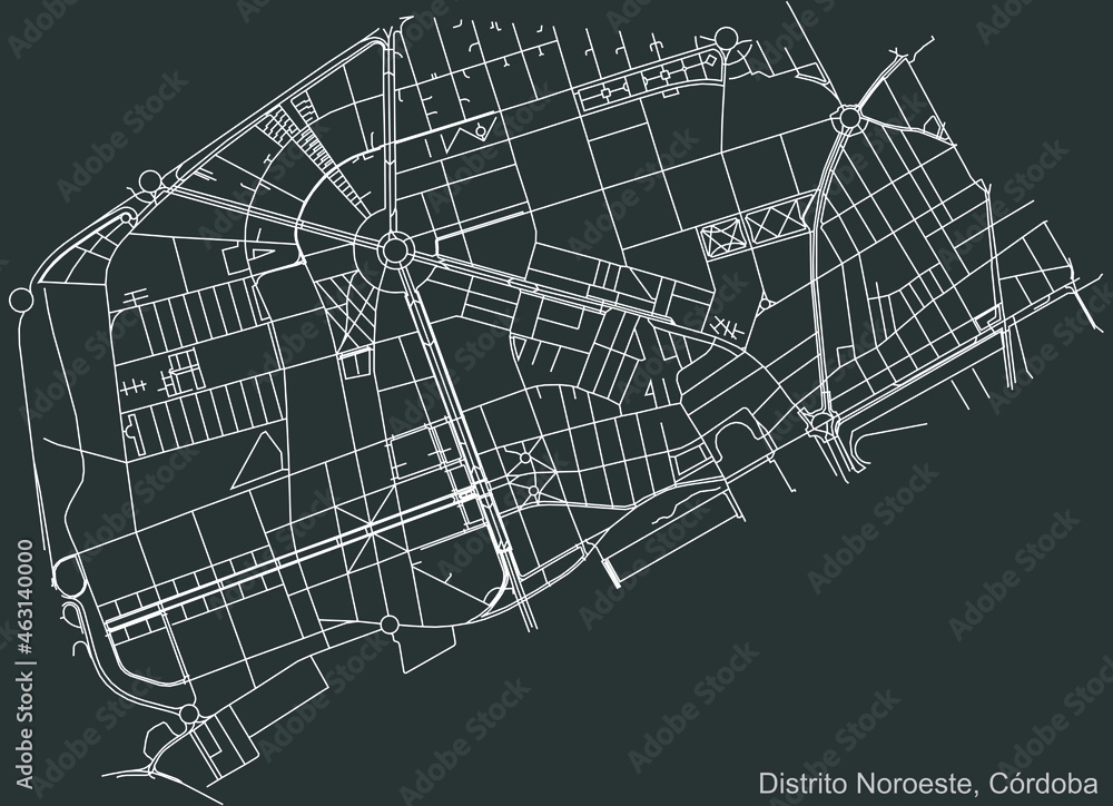 Detailed negative navigation urban street roads map on dark gray background of the quarter Noroeste district of the Spanish regional capital city of Cordoba, Spain