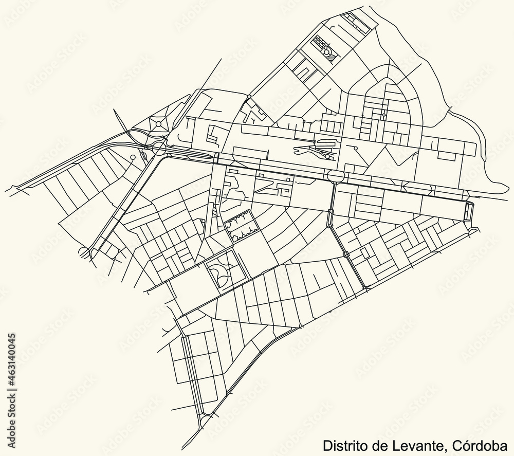 Detailed navigation urban street roads map on vintage beige background of the quarter Levante district of the Spanish regional capital city of Cordoba, Spain