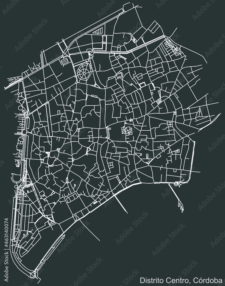 Detailed negative navigation urban street roads map on dark gray background of the quarter Centro district of the Spanish regional capital city of Cordoba, Spain