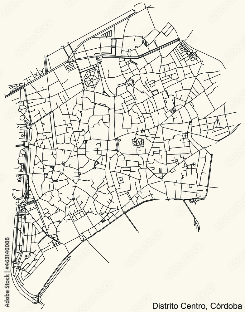 Detailed navigation urban street roads map on vintage beige background of the quarter Centro district of the Spanish regional capital city of Cordoba, Spain