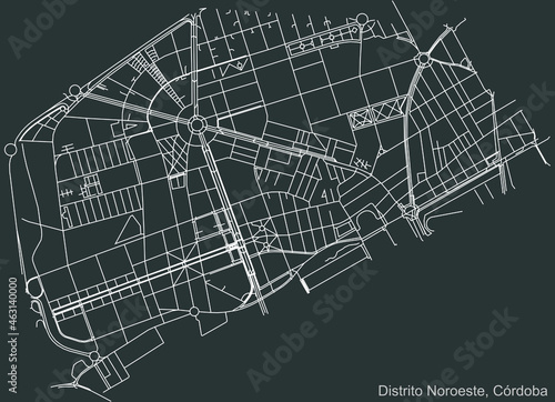 Detailed negative navigation urban street roads map on dark gray background of the quarter Noroeste district of the Spanish regional capital city of Cordoba, Spain