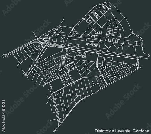 Detailed negative navigation urban street roads map on dark gray background of the quarter Levante district of the Spanish regional capital city of Cordoba, Spain