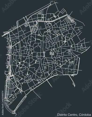 Detailed negative navigation urban street roads map on dark gray background of the quarter Centro district of the Spanish regional capital city of Cordoba, Spain