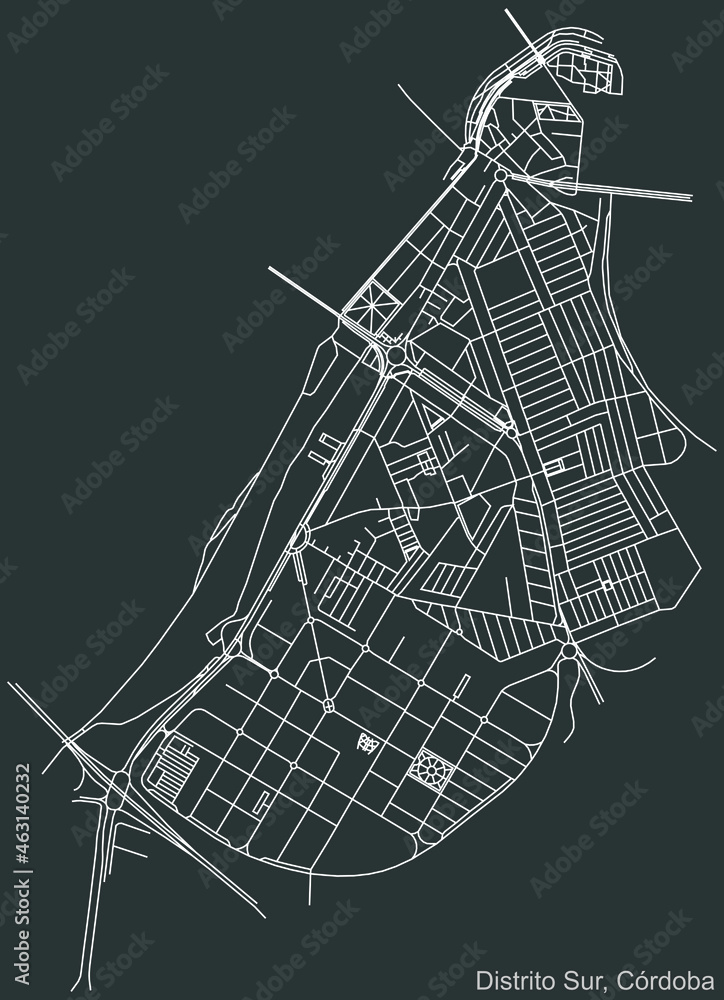 Detailed negative navigation urban street roads map on dark gray background of the quarter Sur district of the Spanish regional capital city of Cordoba, Spain