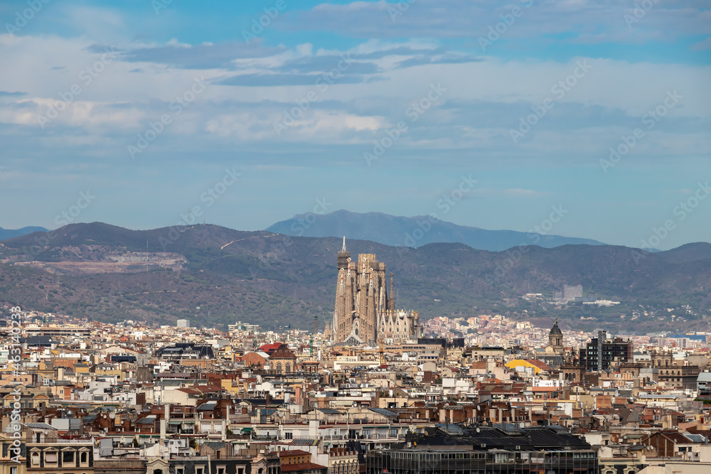 Panoramic view of the city of Barcelona with the unfinished sacred family 