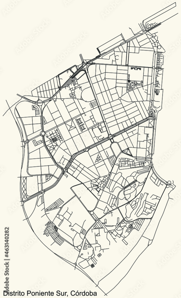 Detailed navigation urban street roads map on vintage beige background of the quarter Poniente-Sur district of the Spanish regional capital city of Cordoba, Spain