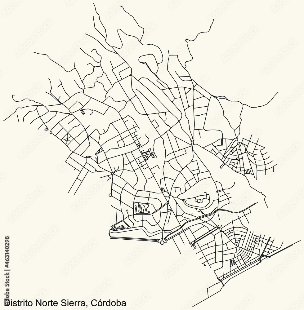 Detailed navigation urban street roads map on vintage beige background of the quarter Norte-Sierra district of the Spanish regional capital city of Cordoba, Spain