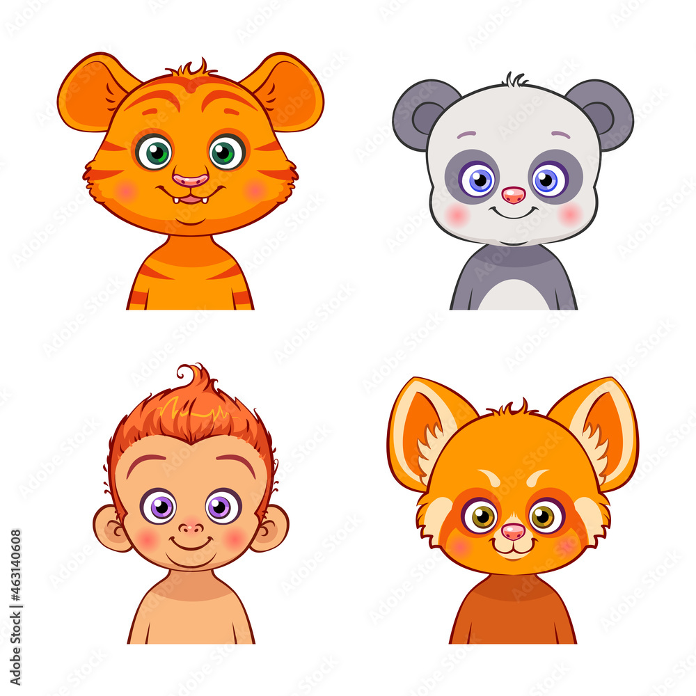 Cute animal faces. Vector illustration of asian animals: tiger, panda, monkey, red panda. Cute animal faces. Vector illustration of asian animals: tiger, panda, monkey, red panda.