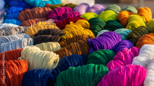 Colored sheep wool yarn for knitting.