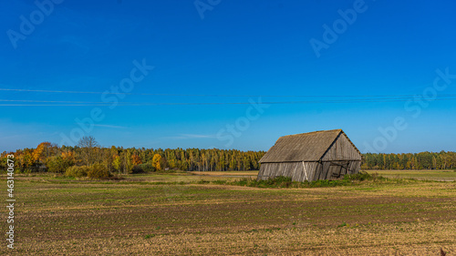 An old, lopsided wooden shed in the middle of the field.