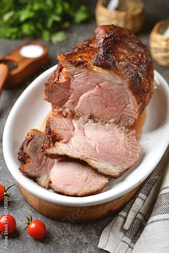 Baked pork neck with soy sauce, ketchup, honey and olive oil.