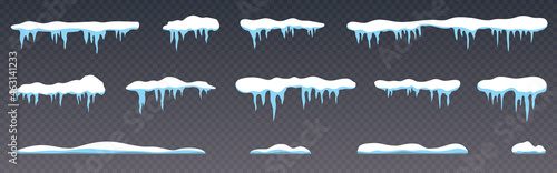 Snow caps collection. Icicles on transparent background. Realistic snow caps set. White snowdrift templates. Winter decoration and snowy objects. Snowcap borders. Vector illustration