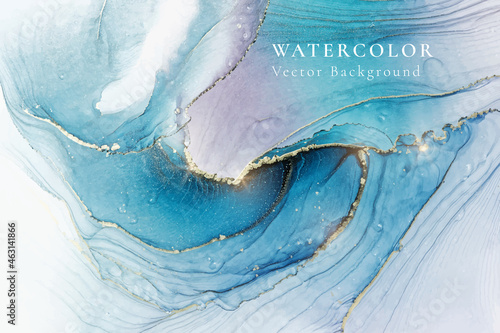 Violeet cyan blue liquid watercolor background with golden stains. Teal mauvee grey marble alcohol ink drawing effect. Vector illustration design template for wedding invitation, menu, rsvp