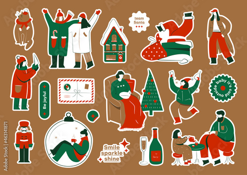 Christmas sticker pack with colourful illustrations of xmas celebration and quotes 