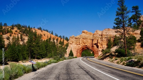 Bryce Canyon National Park in Utah.Rocky mountains erode and color a variety of landscapes. R-89's natural rock tunnel.