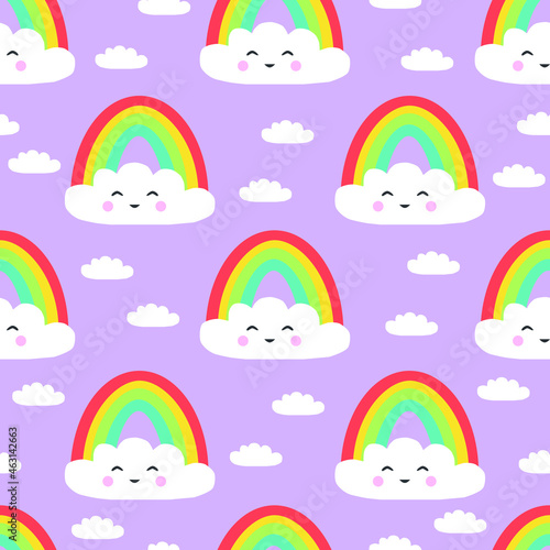 Seamless vector pattern with rainbows and clouds on purple sky