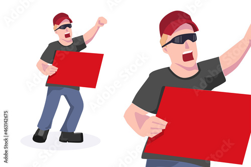 Man with red hat holding signs and shouting while raising arms protester illustration