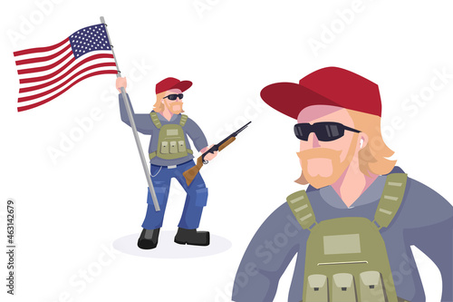 Man Waving American Flag while holding a gun protester illustration