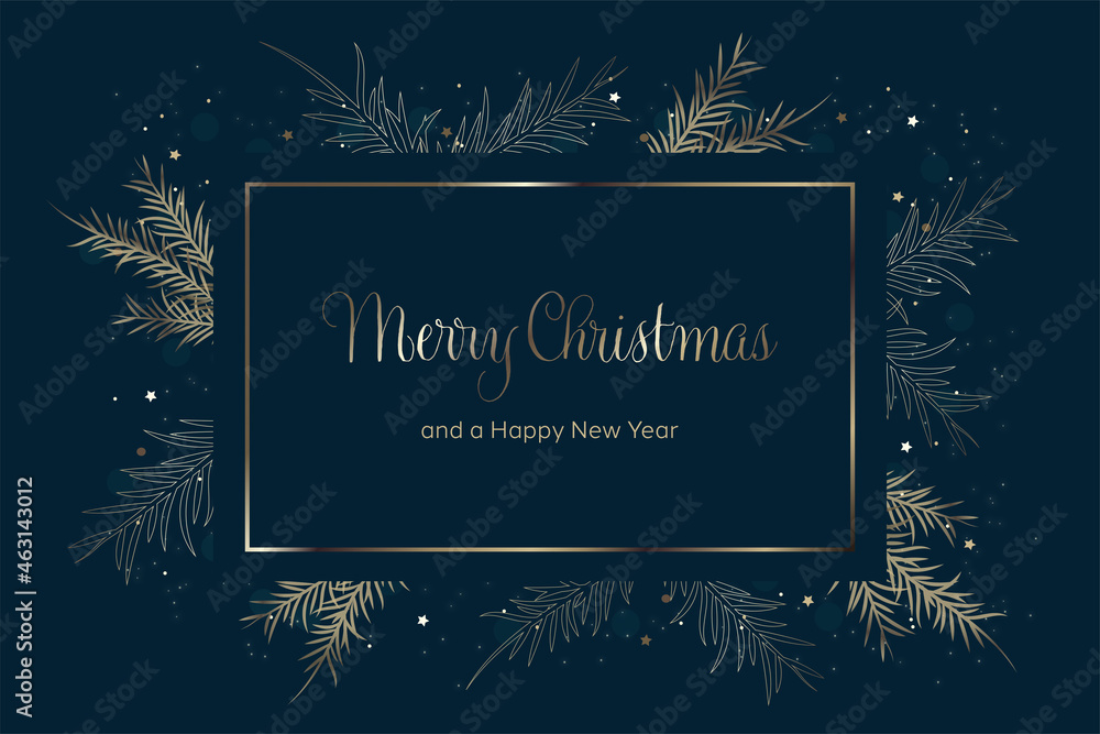 Merry Christmas and a Happy New Year greeting card vector. Blue background with gold frame, spruce branches, bokeh, stars and glare